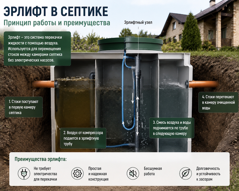 Эрлифт в септике: как воздух поднимает сточные воды и зачем это нужно