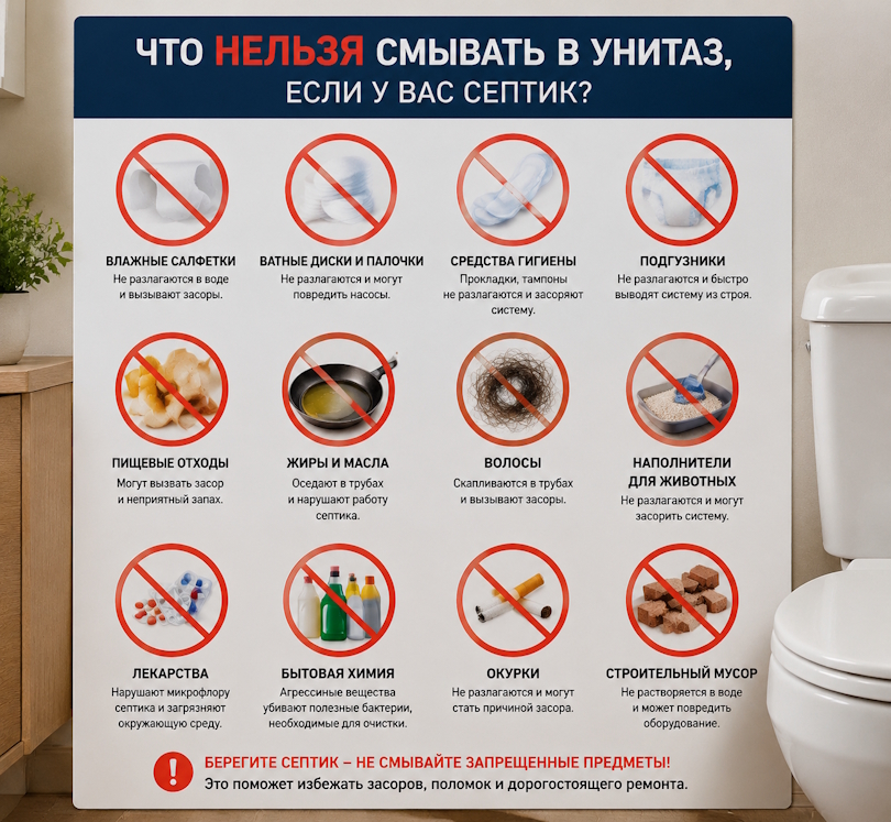 Что нельзя смывать в унитаз, если у вас септик? Полный список запрещённых веществ