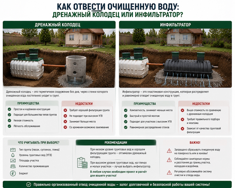 Как отвести очищенную воду: дренажный колодец или инфильтратор?