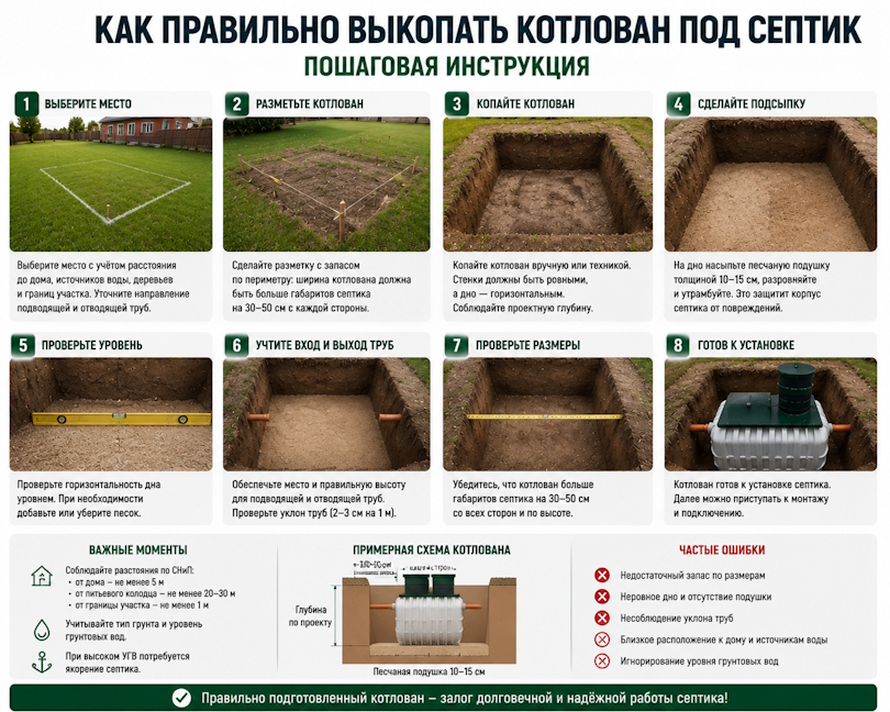 Как правильно выкопать котлован под септик: расчёт глубины, песчаная подушка и типичные ошибки