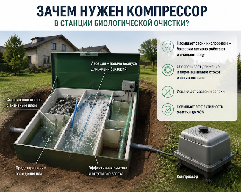 Зачем нужен компрессор в станции биологической очистки? Разбираемся в аэрации