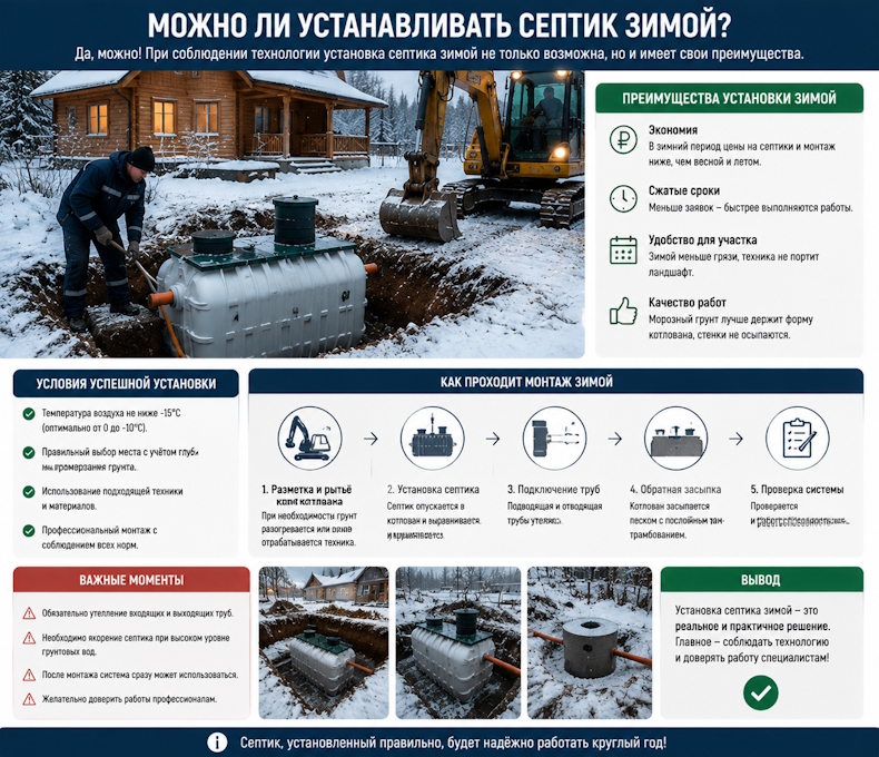 Можно ли устанавливать септик зимой? Ограничения, риски и технология монтажа в мороз