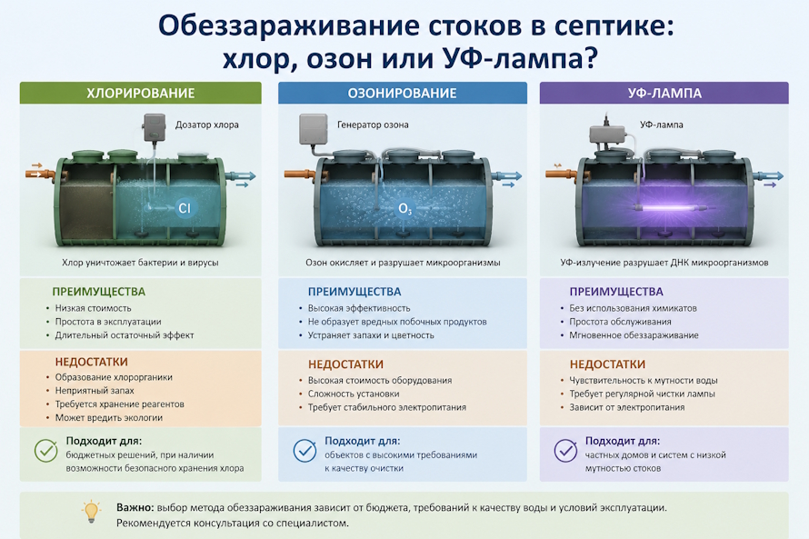 Обеззараживание стоков: хлор, озон или УФ-лампы? Выбор метода для загородного дома