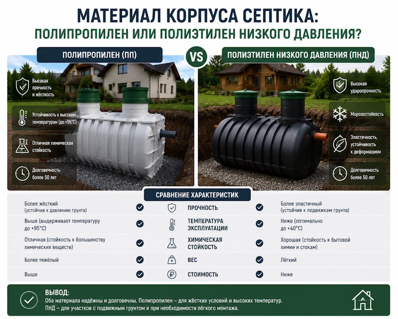 Полипропилен или ПНД: какой материал корпуса септика выдержит давление грунта и агрессивную среду?