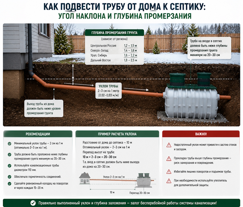 Как подвести трубу от дома к септику: угол наклона и глубина промерзания?