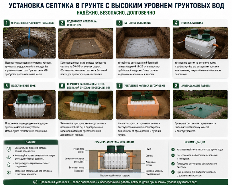 Установка септика в грунте с высоким уровнем грунтовых вод (УГВ): как избежать всплытия и затопления?