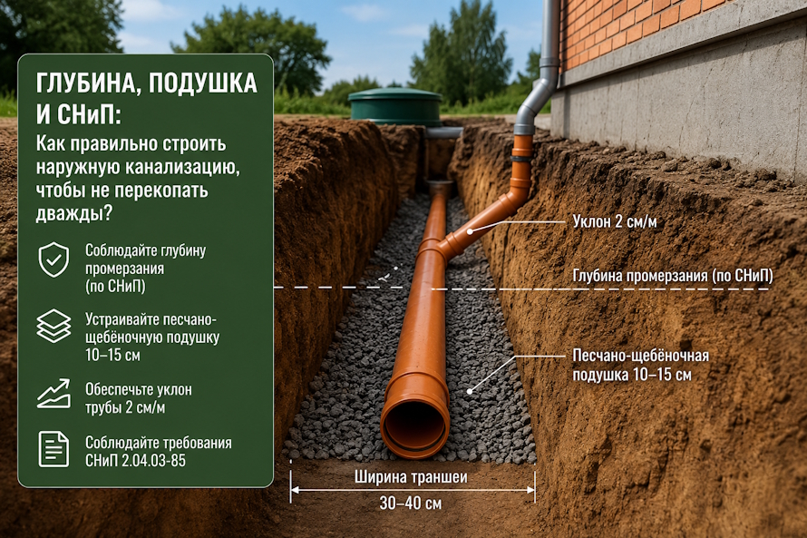 Глубина, подушка и СНиП: Как правильно прокладывать наружную канализацию ?