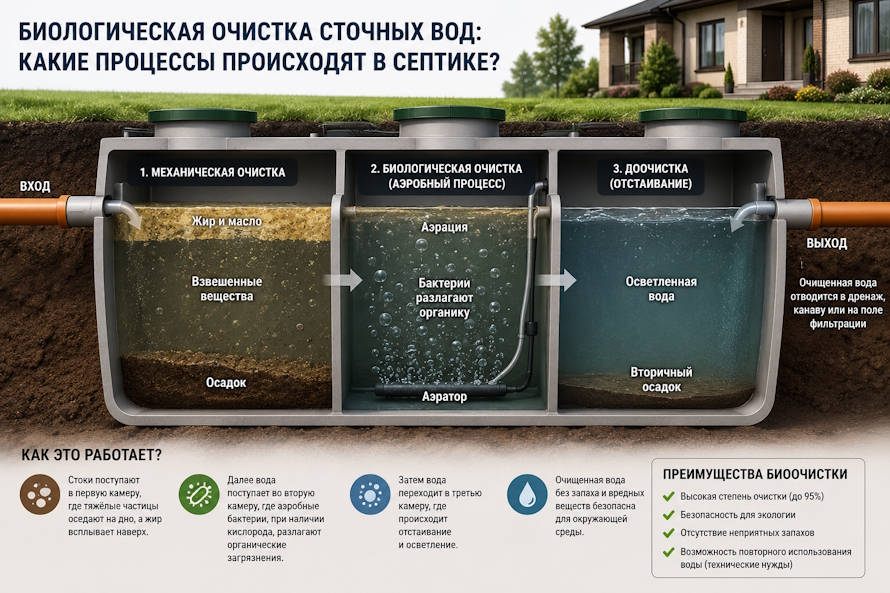 Биологическая очистка сточных вод: какие процессы происходят в септике ?