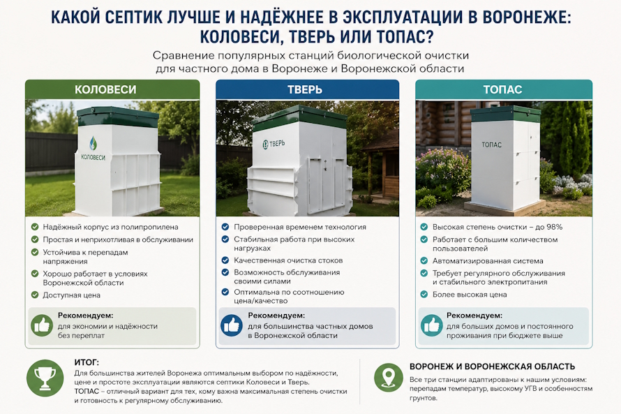 Какой септик лучше и надёжнее в эксплуатации в Воронеже: Коловеси, Тверь или Топас?