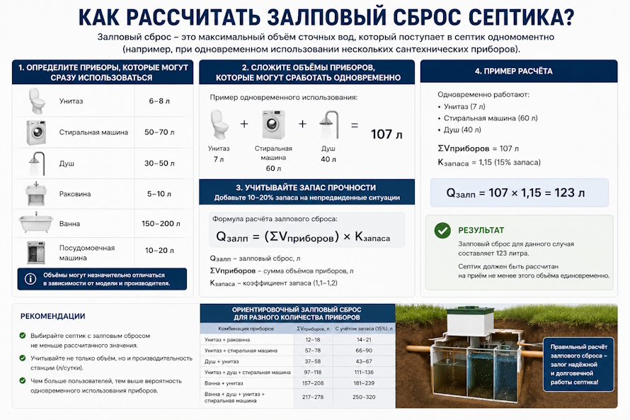 Как правильно рассчитать залповый сброс септика, чтобы канализация не вышла из строя в первый же час пик?