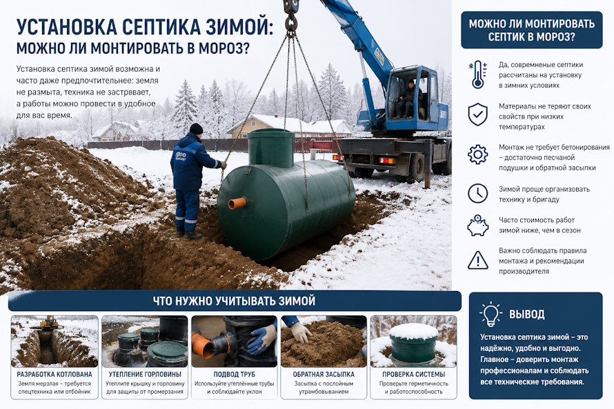 Установка септика зимой: рискованный эксперимент или оправданное решение?