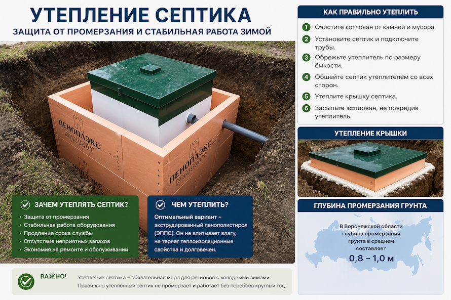 Нужно ли утеплять септик зимой в Воронеже при круглогодичном проживании?